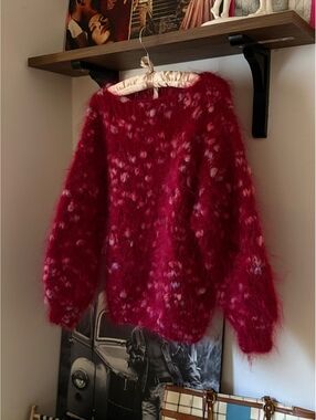 Handmade Vintage Red and Pink Mohair Sweater with pastel fluffs size M-L